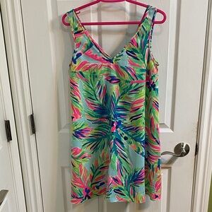 LILLY PULITZER Green & Pink Floral V-Neck Shift Dress Size XS Tropical Colourful